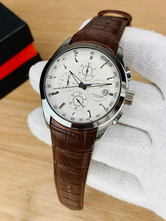 Classic Chronograph Watch with Textured Leather Strap and Multifunction Dial