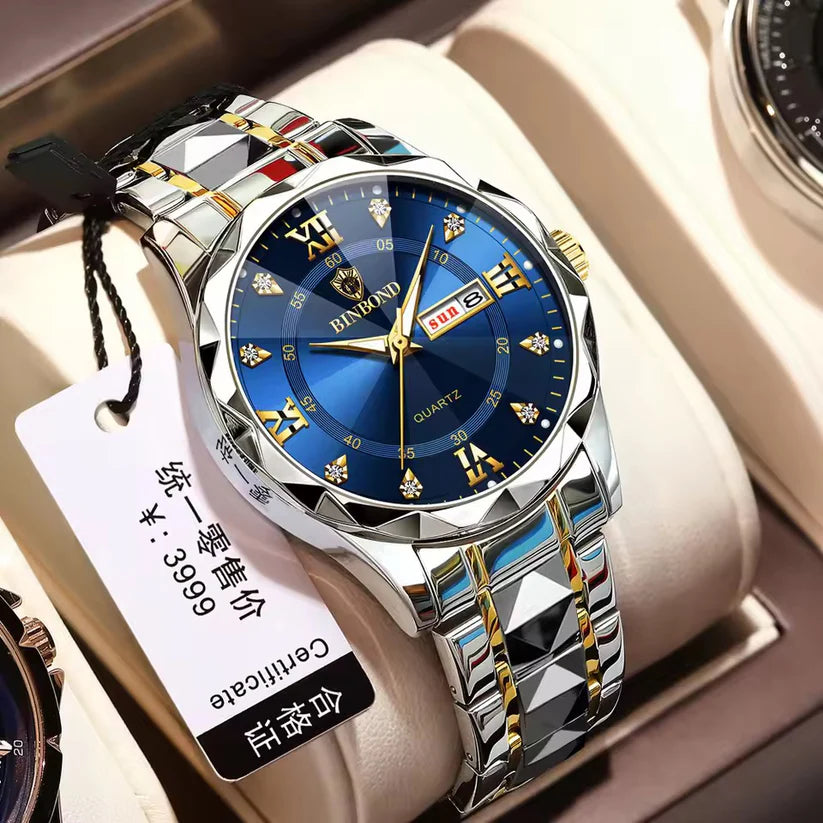 BINBOND Luxury Royal Blue Dial Watch - Silver & Gold Stainless Steel Chain - Quartz Movement with Day/Date Display
